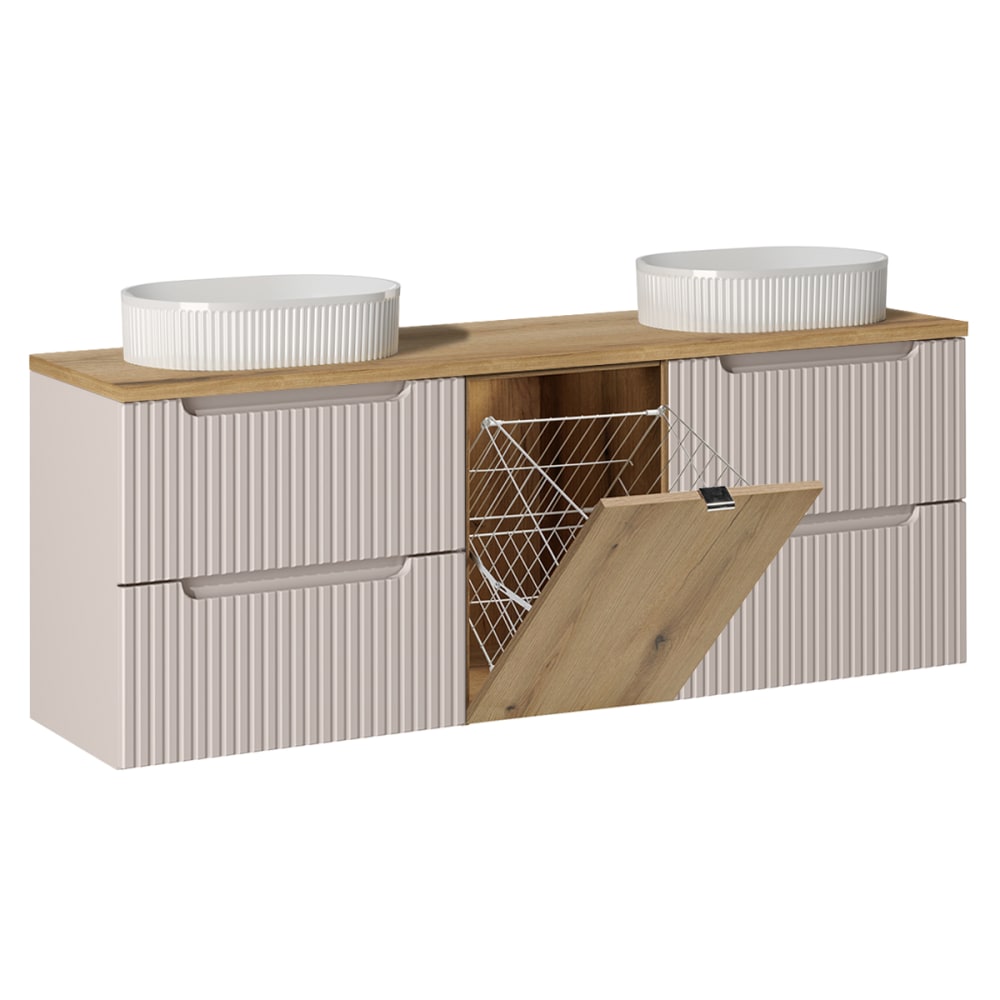 Meuble double vasque 1 panier à linge stratifiés beige