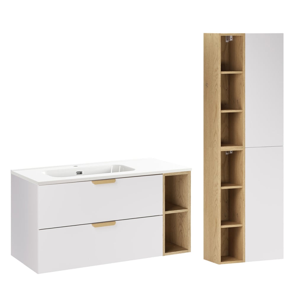 Ensemble meuble vasque encastrée gauche colonne stratifiés blanc
