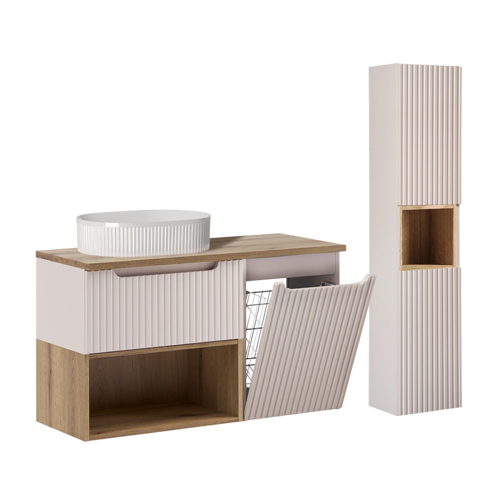 Ensemble meuble vasque panier à linge colonne stratifiés beige