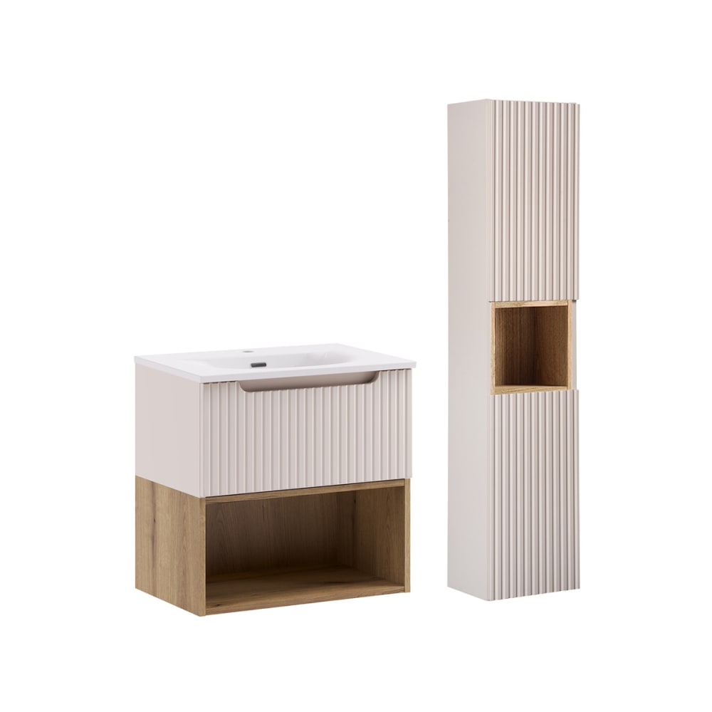 Ensemble meuble vasque encastrée colonne stratifiés beige