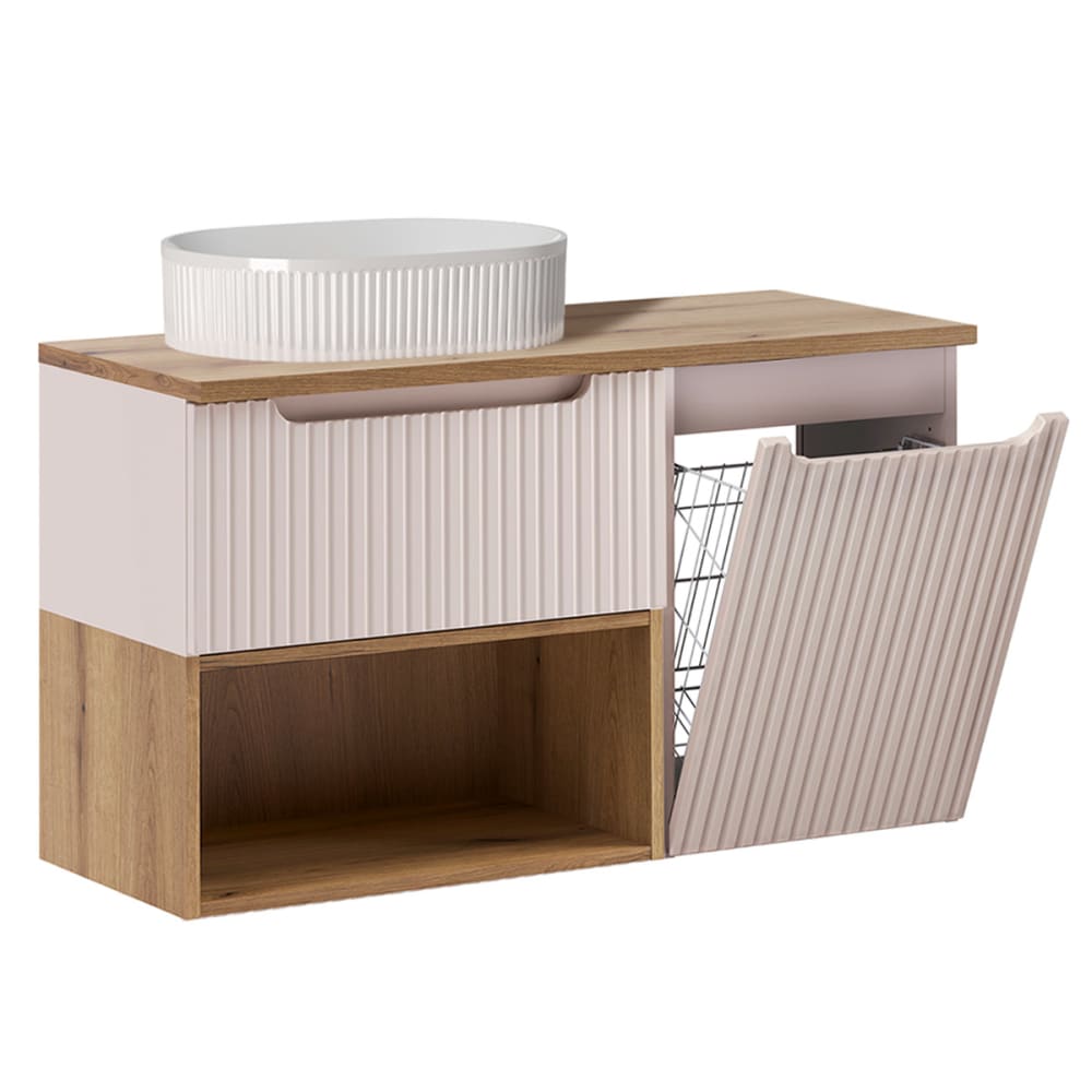 Meuble vasque panier à linge stratifiés beige