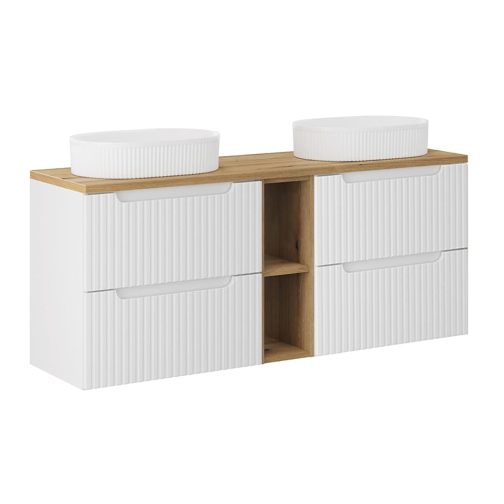 Meuble double vasque 4 tiroirs stratifiés blanc et beige