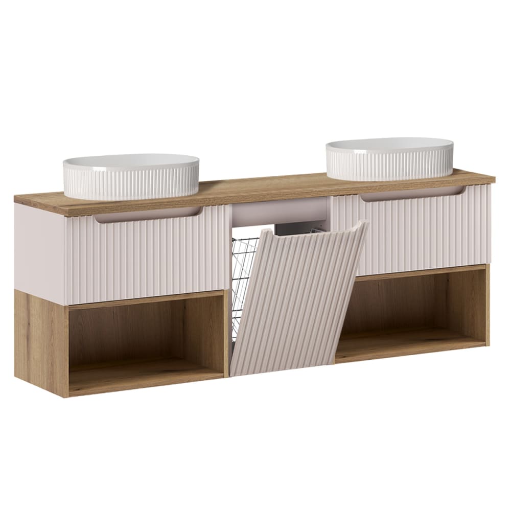 Meuble double vasque 1 panier à linge niches stratifiés beige