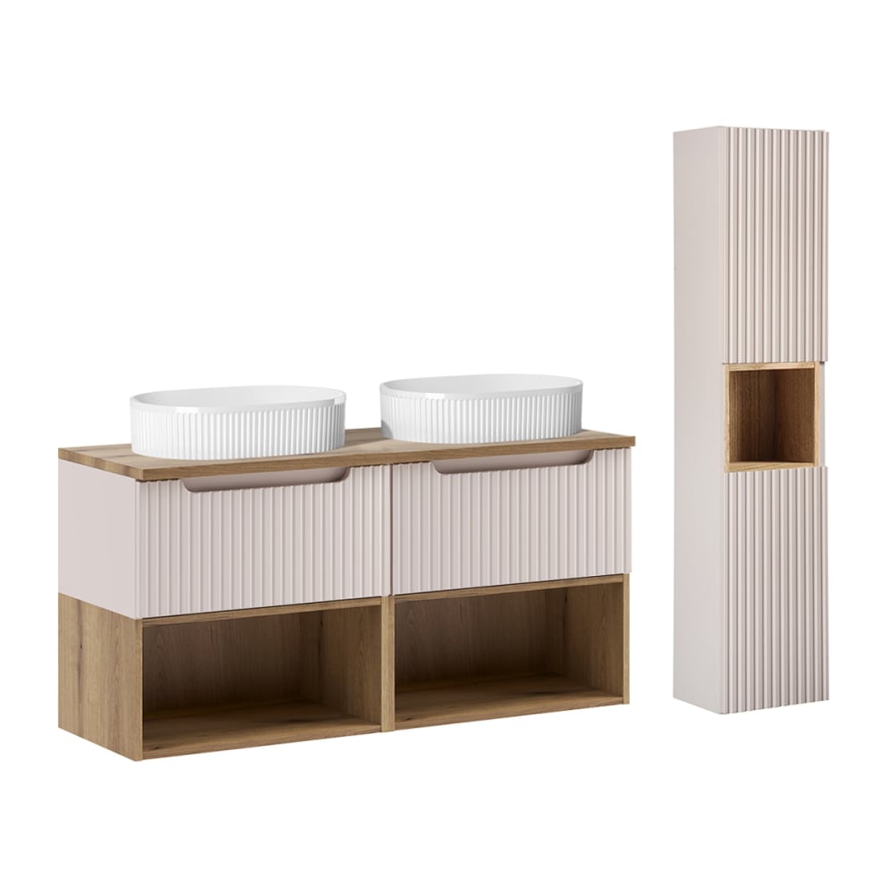 Ensemble meuble double vasque colonne stratifiés beige
