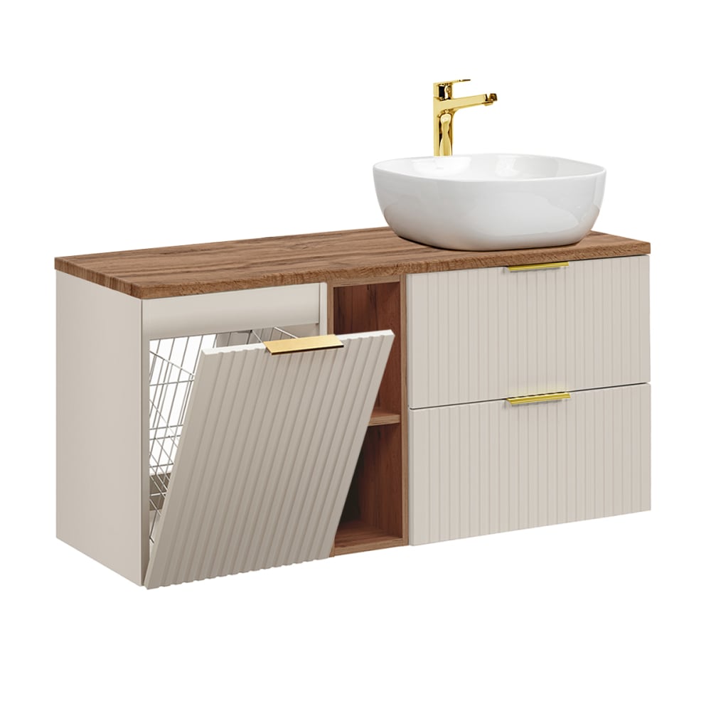 Meuble vasque panier à linge stratifiés beige