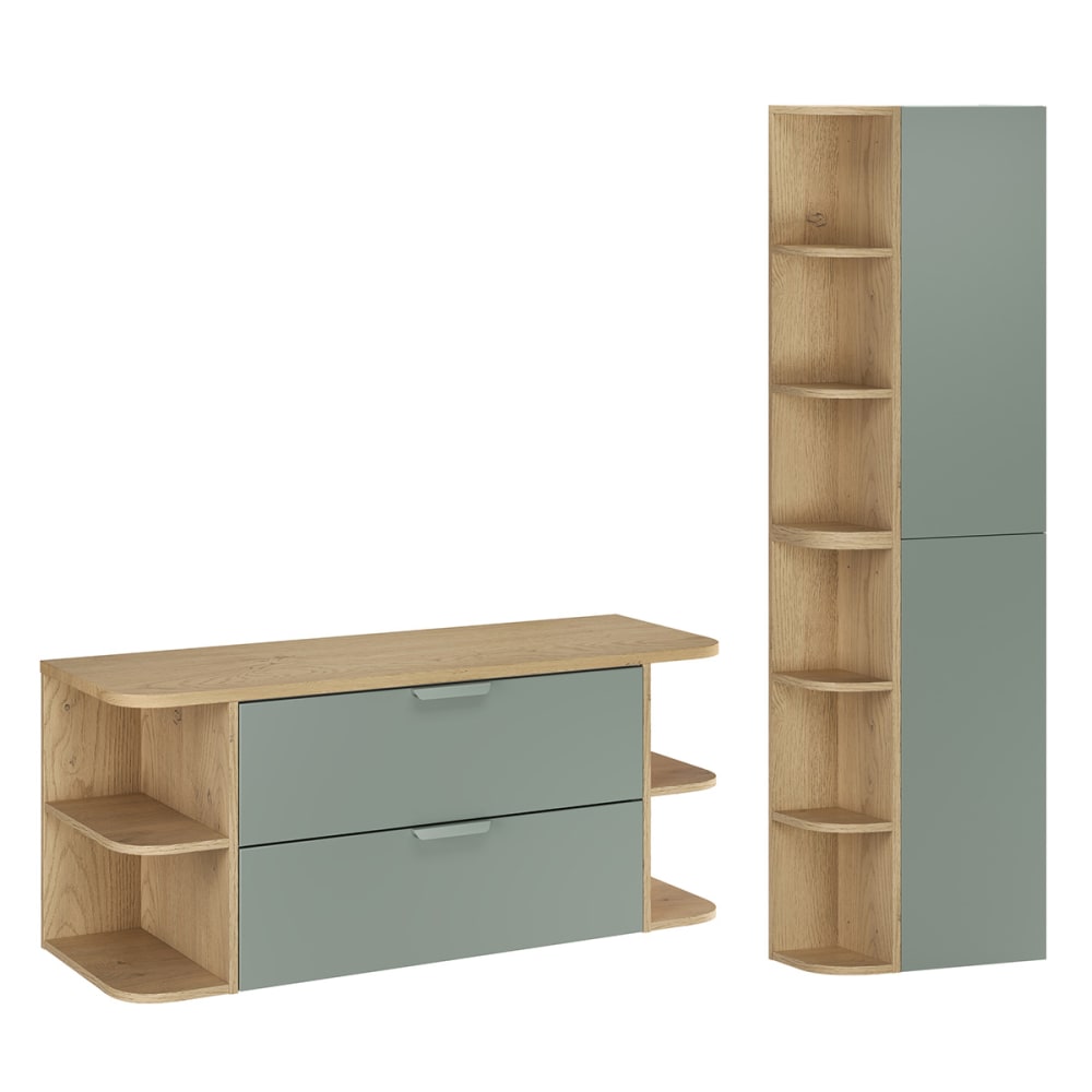 Ensemble meuble sous-vasque niches arrondies colonne stratifiés vert