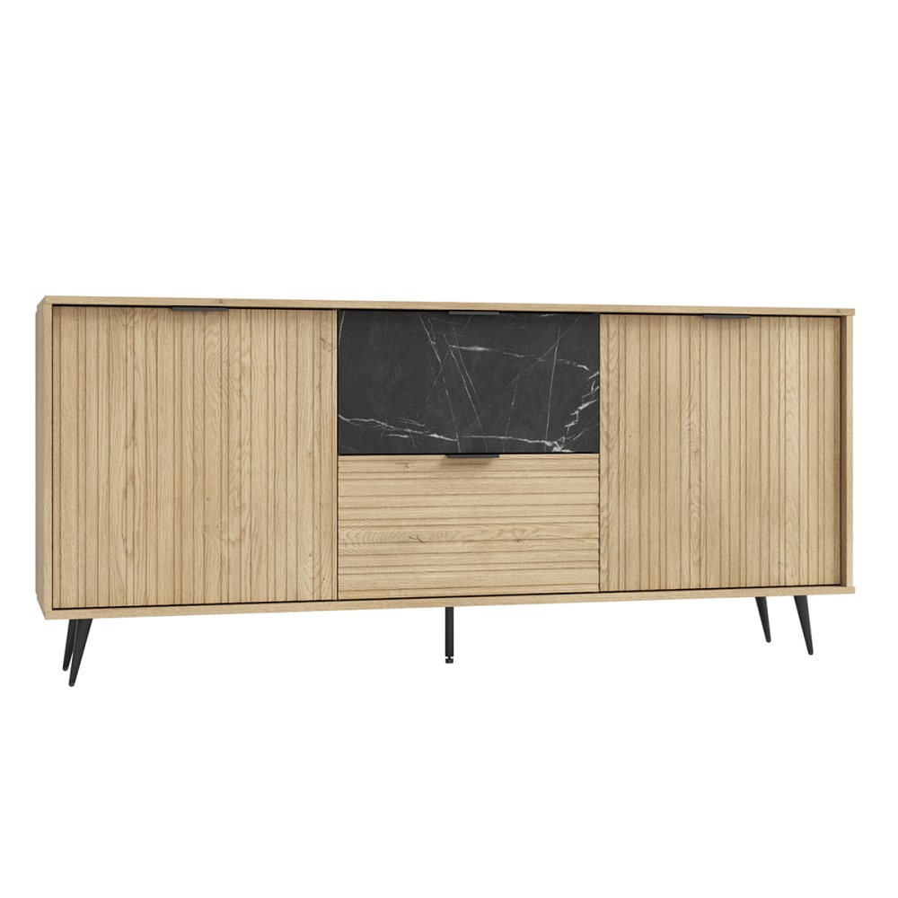 Buffet long 2 portes 2 tiroirs stratifiés beige et noir