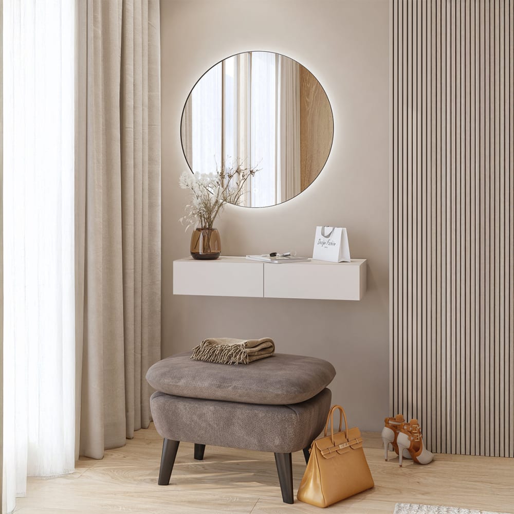 Console coiffeuse murale 2 tiroirs panneaux mélaminés beige
