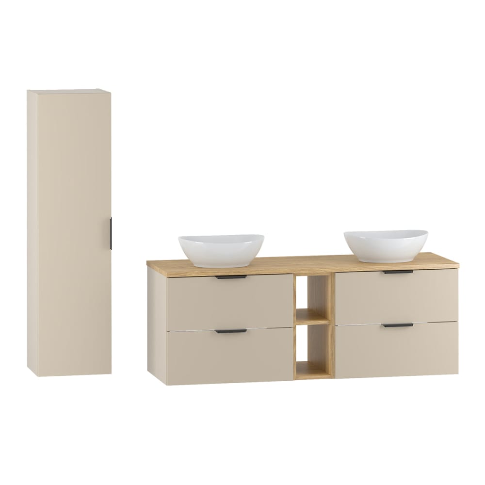 Ensemble meuble double vasque 140cm panneaux mélaminé et mdf beige Ensemble meuble double vasque 140cm panneaux mélaminé et mdf beige