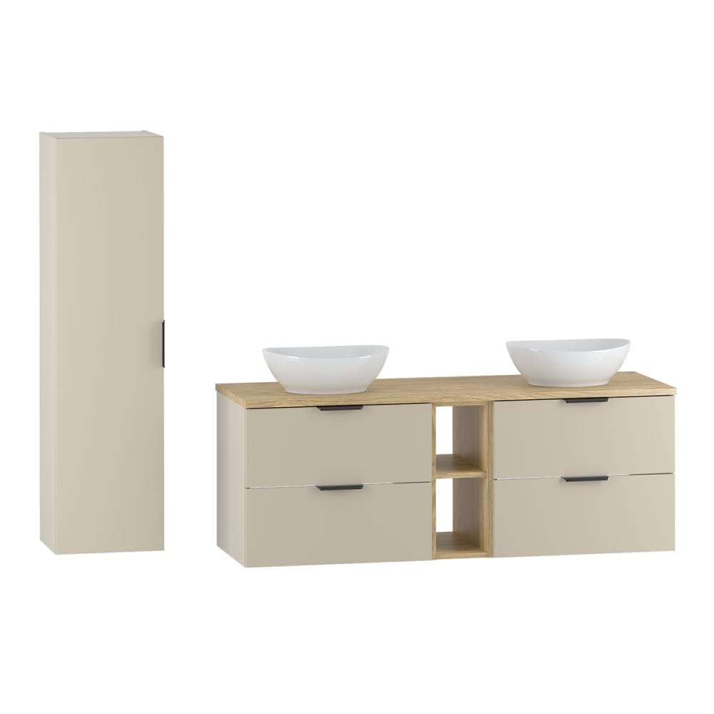 Ensemble meuble double vasque colonne stratifiés beige et bois