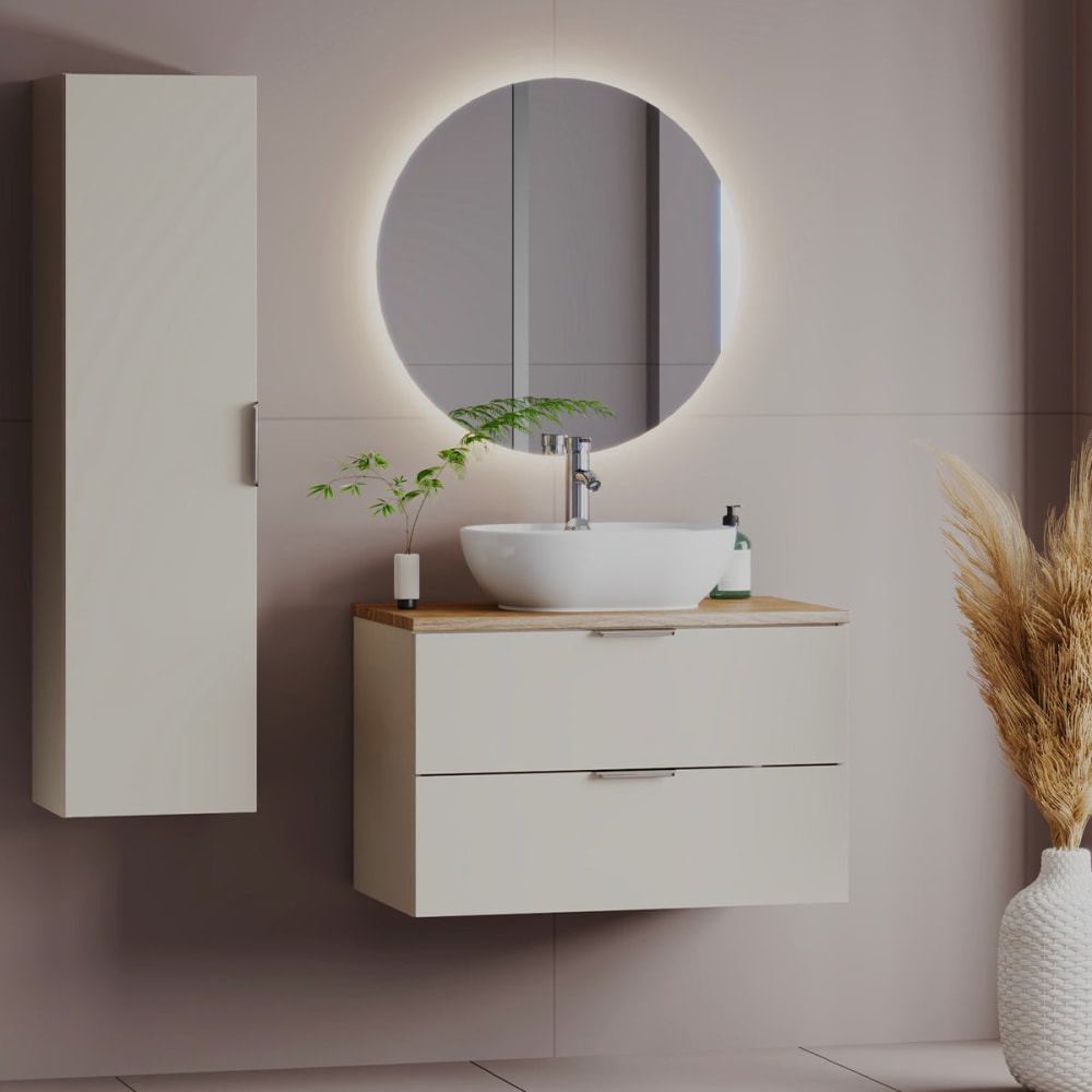 Petits meubles Set aus Einzelwaschtisch 80cm Melamin Kaschmir und Holz Beige Spanplatte