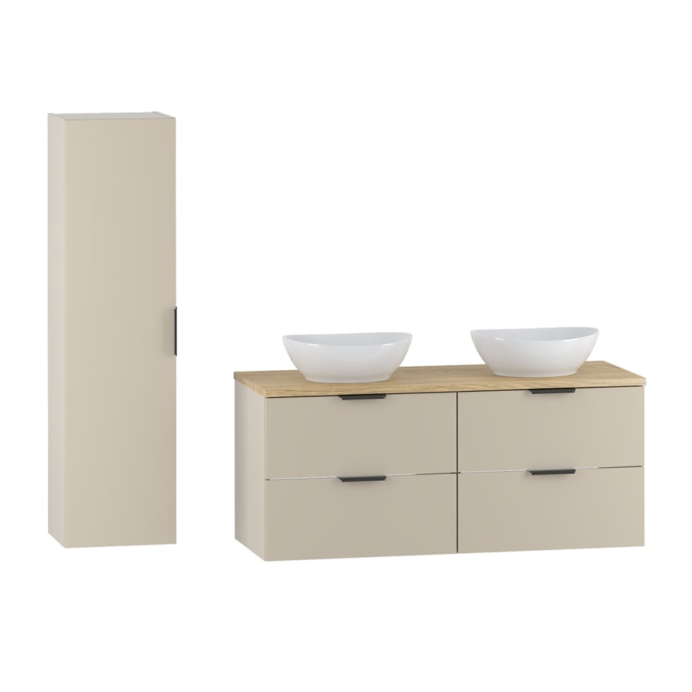 Ensemble meuble double vasque colonne stratifiés beige et bois