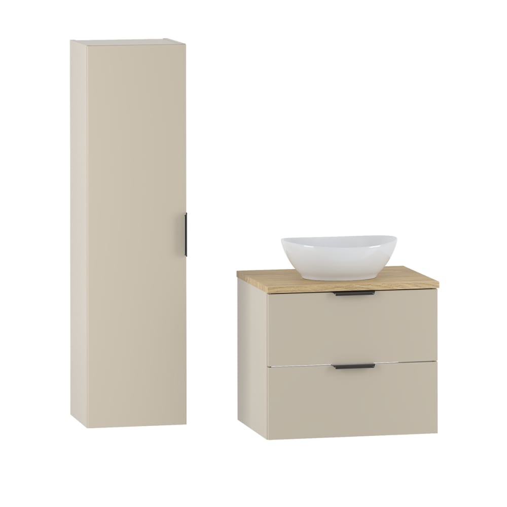 Ensemble meuble vasque colonne stratifiés beige et bois