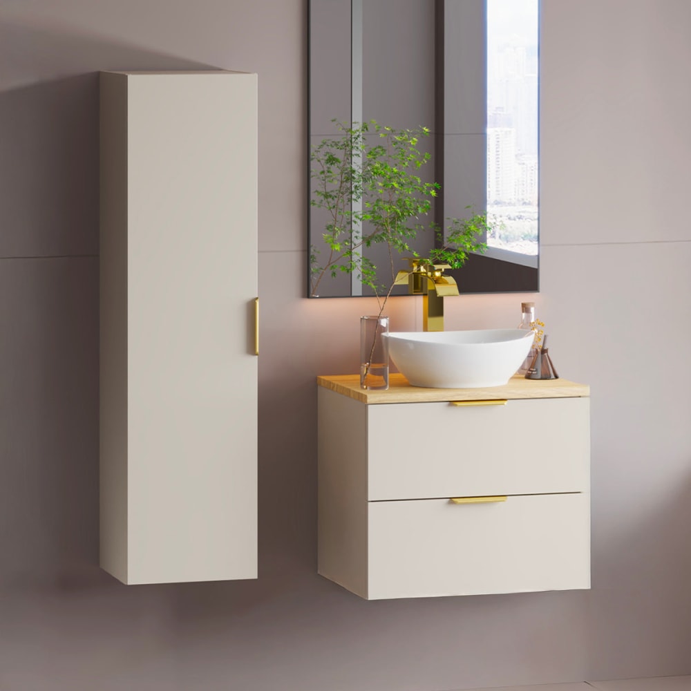 Petits meubles Set aus Einzelwaschtisch 60cm Melamin Kaschmir und Holz Beige Spanplatte