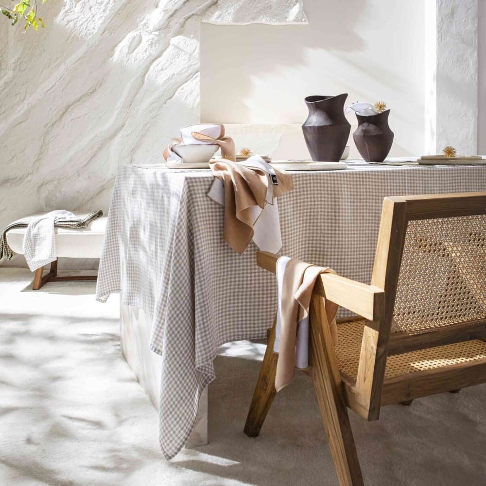 Nappe en lin lavé à carreaux vichy beige 160 x 300 cm