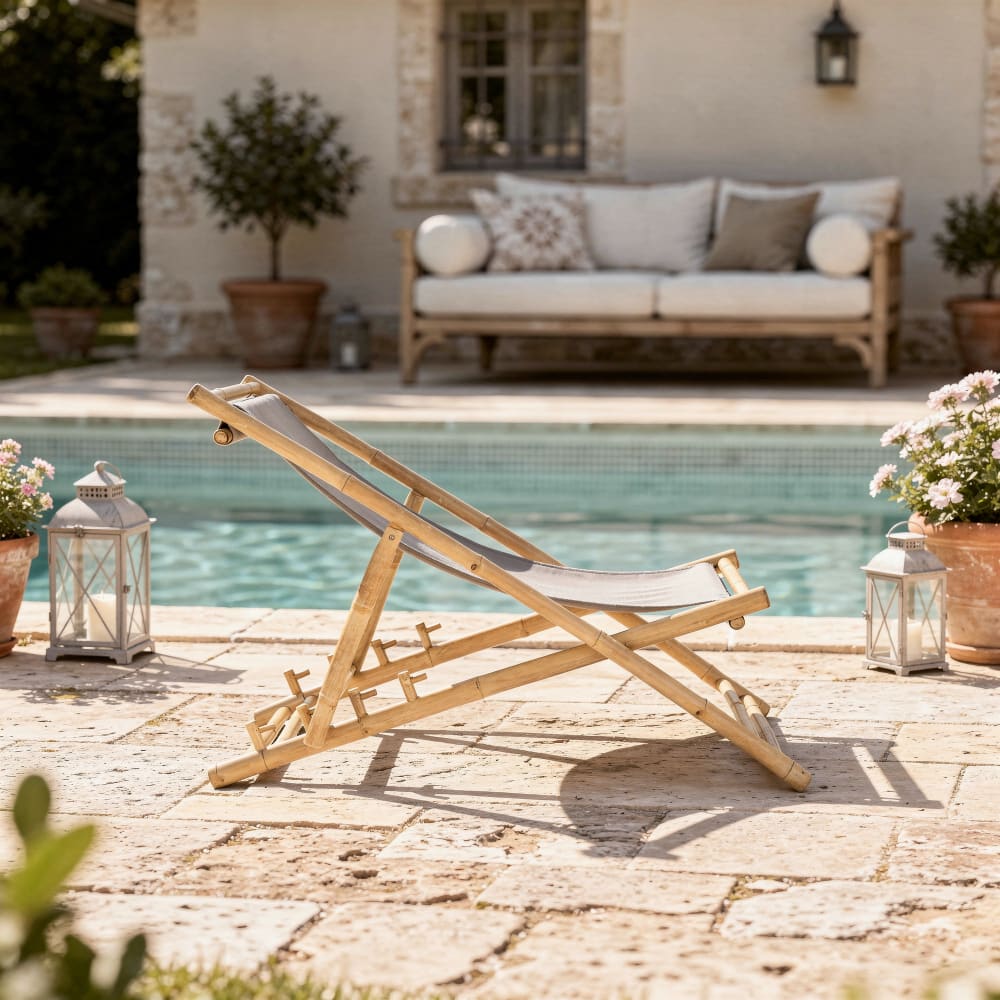 Transat chilienne en bambou et tissu gris outdoor