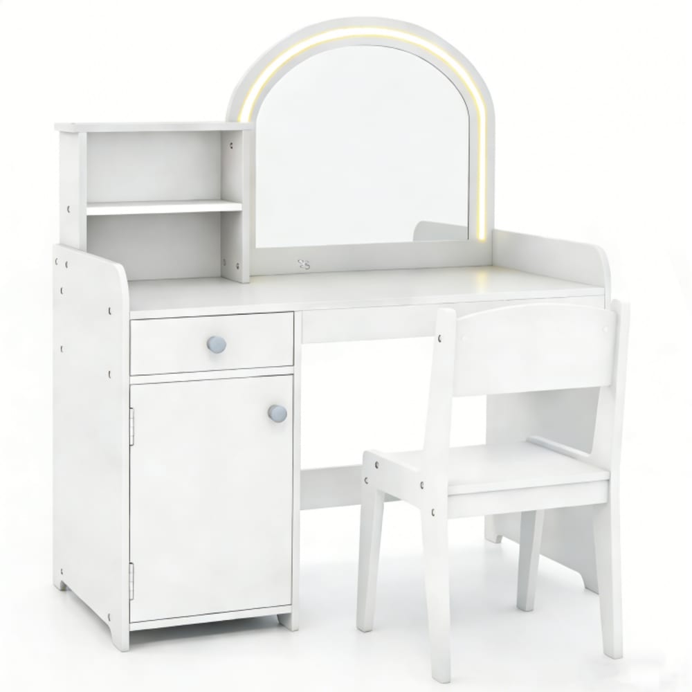 Coiffeuse enfants fille avec tabouret lumières led 2 etagères blanc