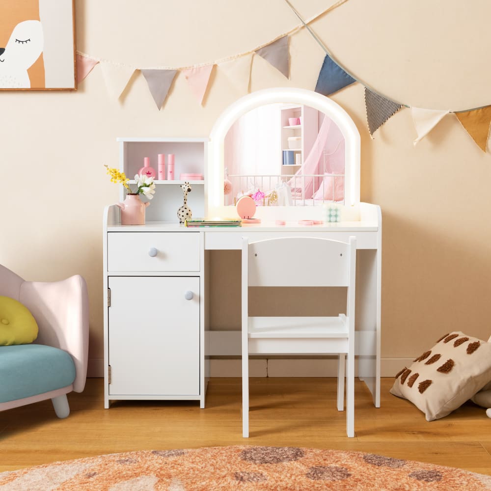 Coiffeuse enfants fille avec tabouret lumières led 2 etagères blanc (Giantex) - Image 1