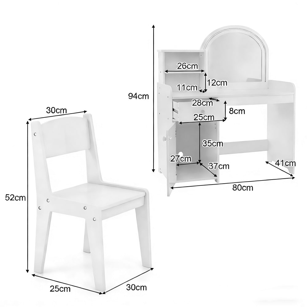 Coiffeuse enfants fille avec tabouret lumières led 2 etagères blanc (Giantex) - Image 2
