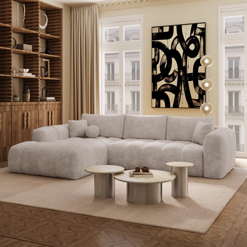 Canapé angle gauche convertible coffre 5 places velours gaufré taupe