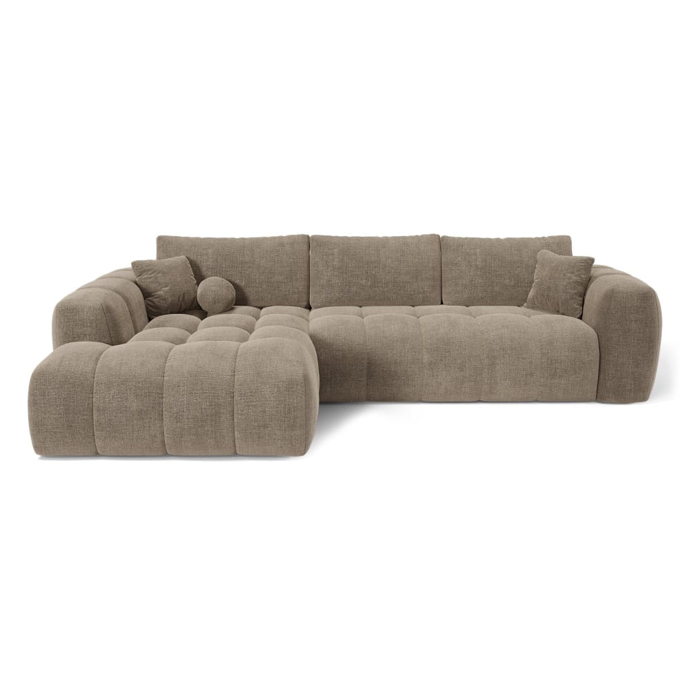 Canapé angle gauche convertible coffre 5 places tissu tramé taupe
