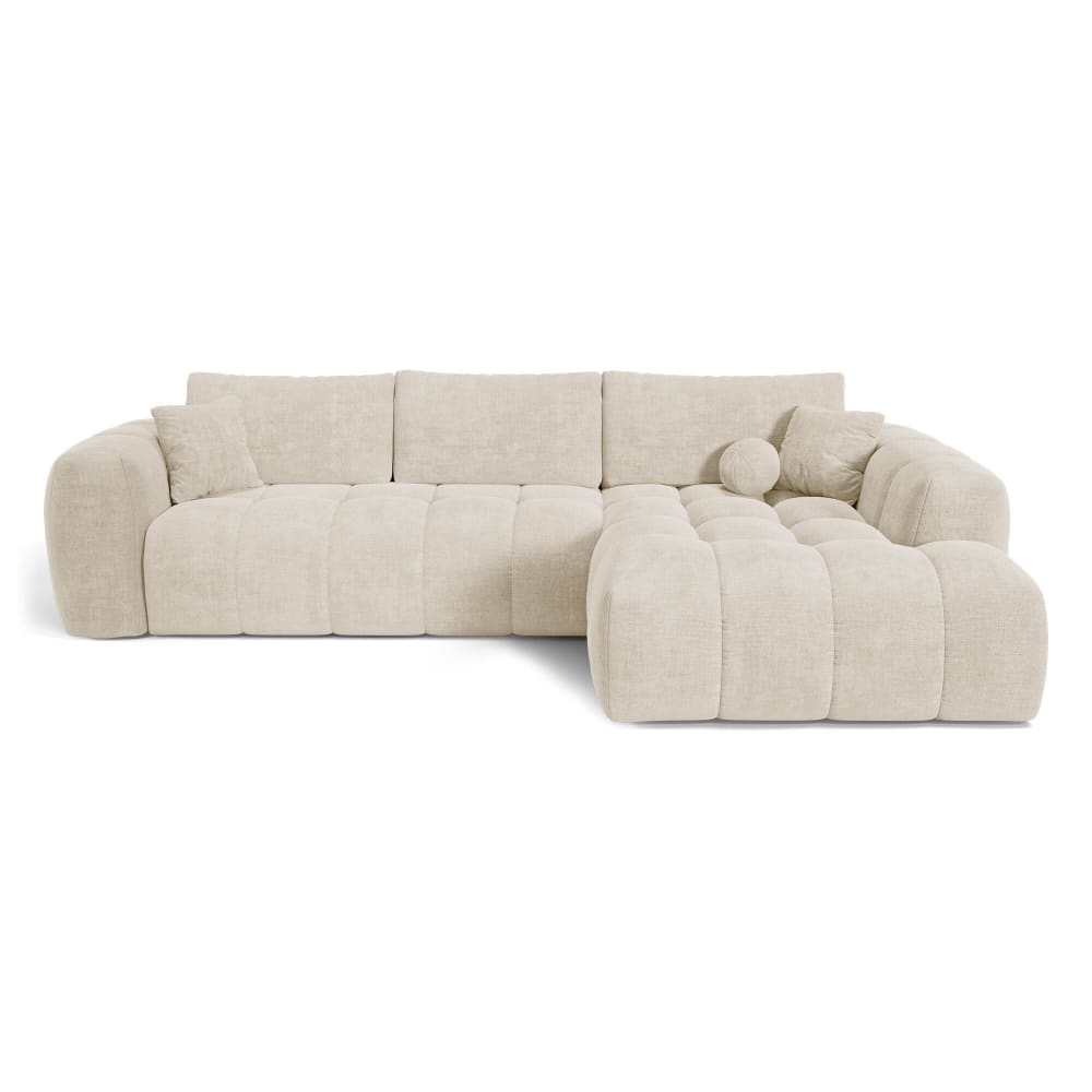 Canapé angle droit convertible coffre 5 places tissu tramé crème