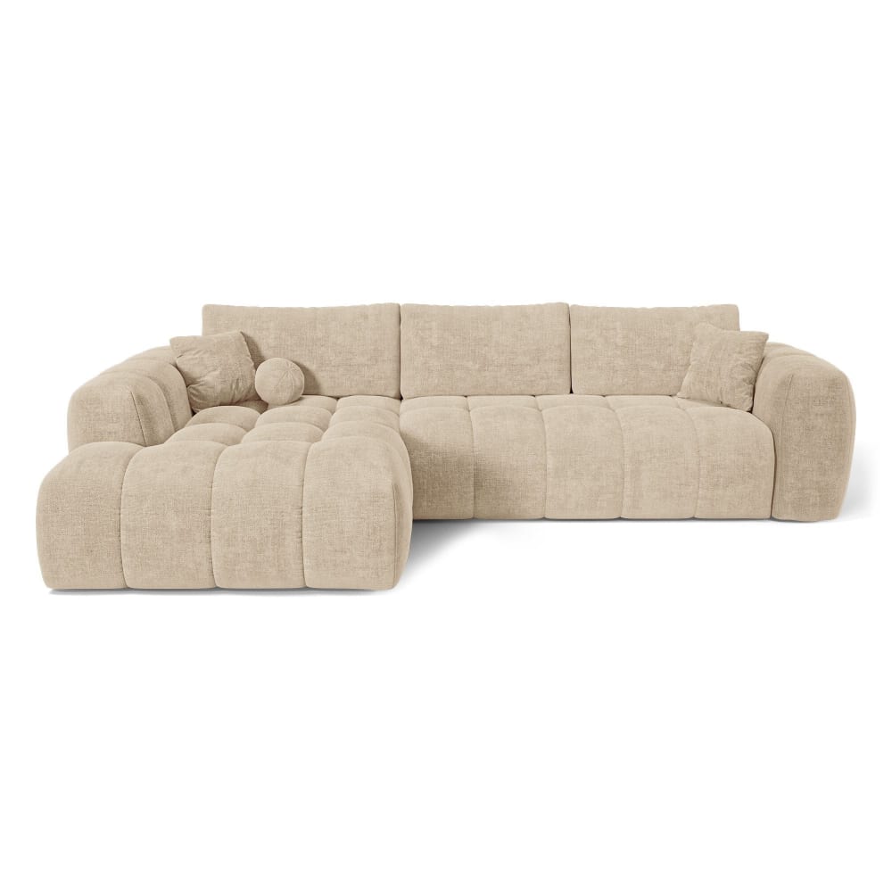 Canapé angle gauche convertible coffre 5 places tissu tramé beige
