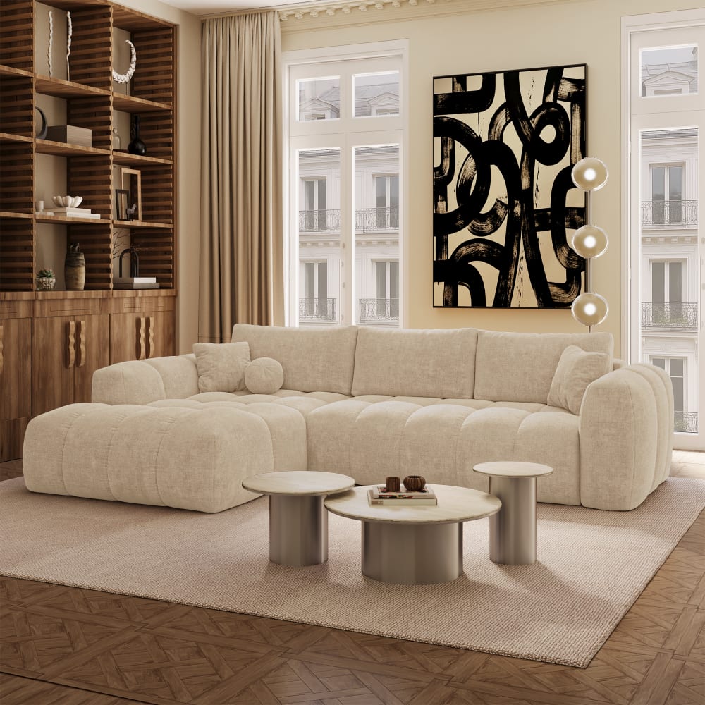 Canapé angle gauche convertible coffre 5 places tissu tramé beige