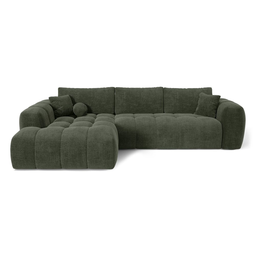 Canapé d'angle gauche convertible coffre 5 places tissu tramé vert