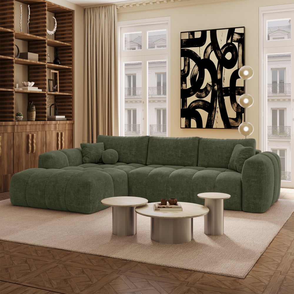 Canapé angle gauche convertible coffre 5 places tissu tramé vert