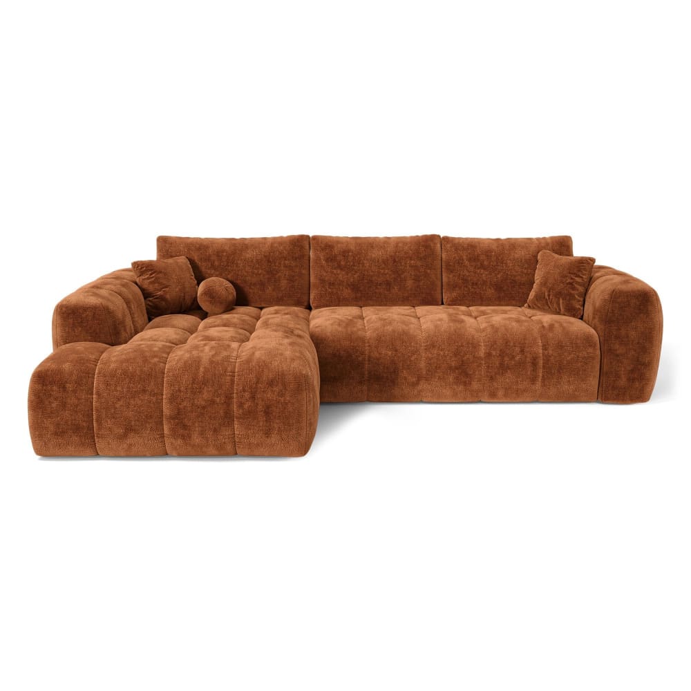 Canapé angle gauche convertible coffre 5 places velours gaufré orange