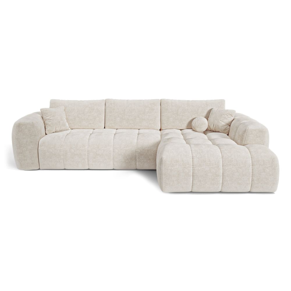 Canapé angle droit convertible coffre 5 places velours gaufré crème