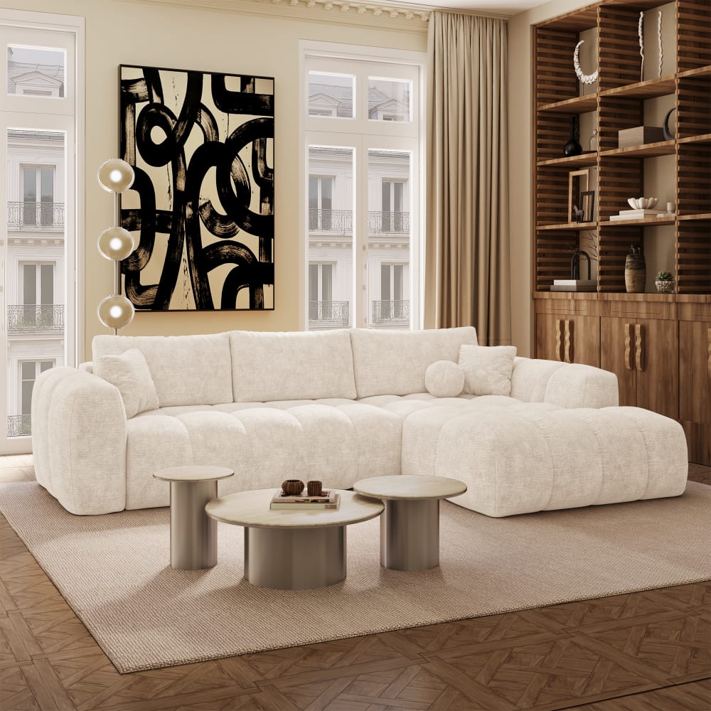 Canapé d'angle droit convertible coffre 5 places velours gaufré crème