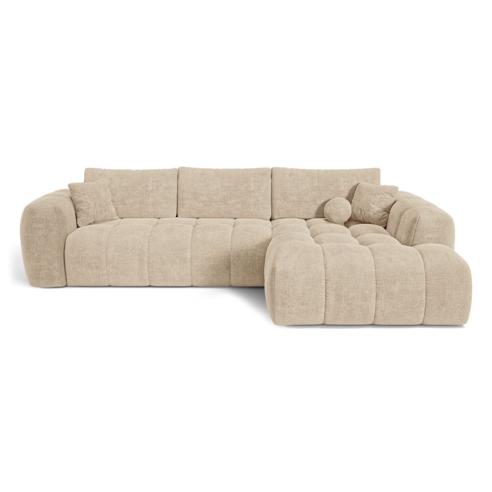 Canapé angle droit convertible coffre 5 places en tissu tramé beige
