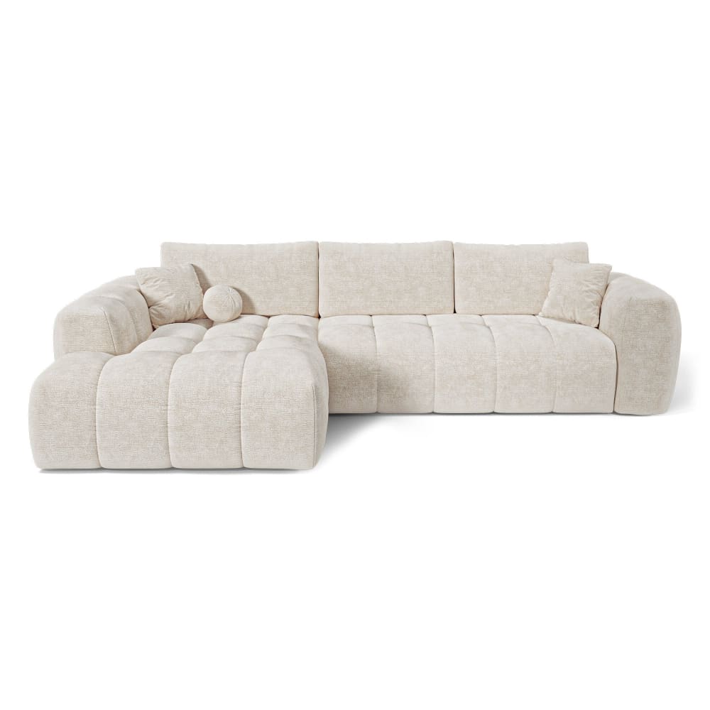 Canapé angle gauche convertible coffre 5 places velours gaufré crème