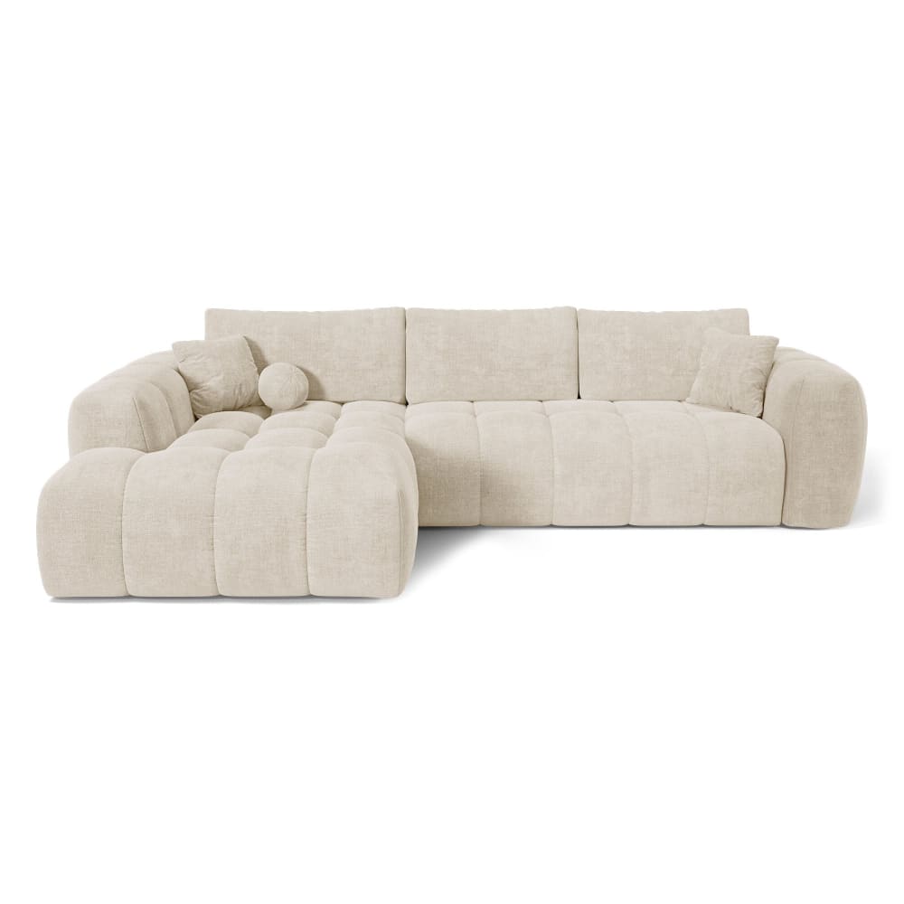 Canapé d'angle gauche convertible coffre 5 places tissu tramé crème