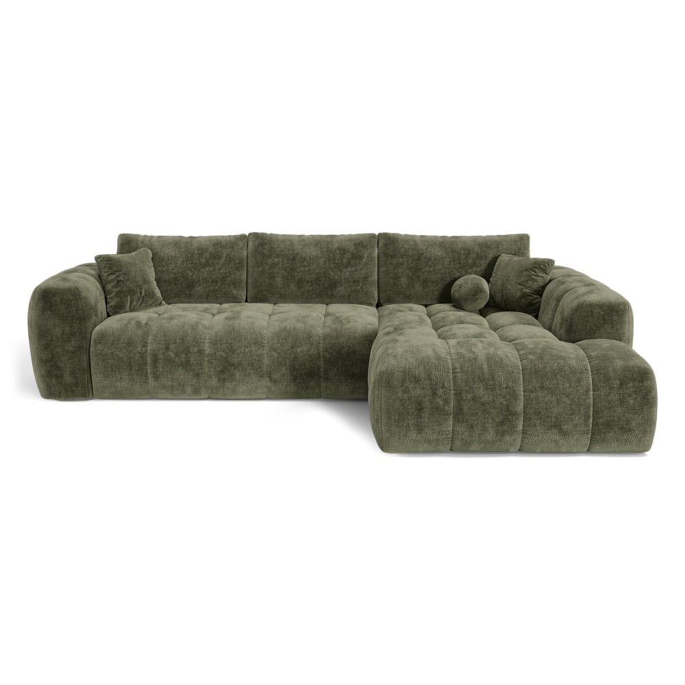 Canapé d'angle droit convertible coffre 5 places velours gaufré vert