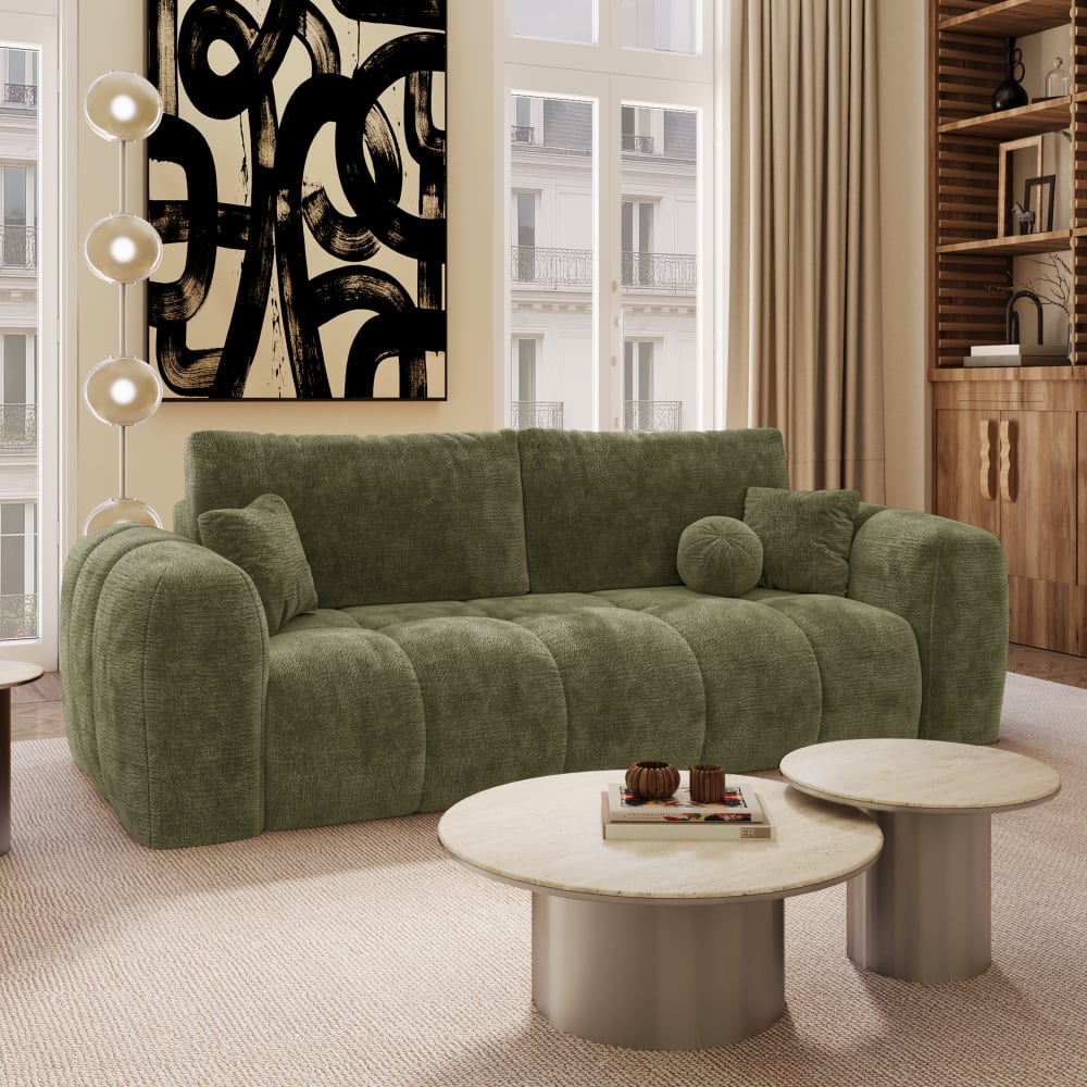 Canapé convertible avec coffre 4 places en velours gaufré vert vintage