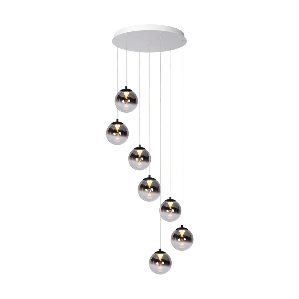 Atmooz Monza 7 runde Pendelleuchte aus Rauchglas mit LED 2700K dimmbar Weiß Metall