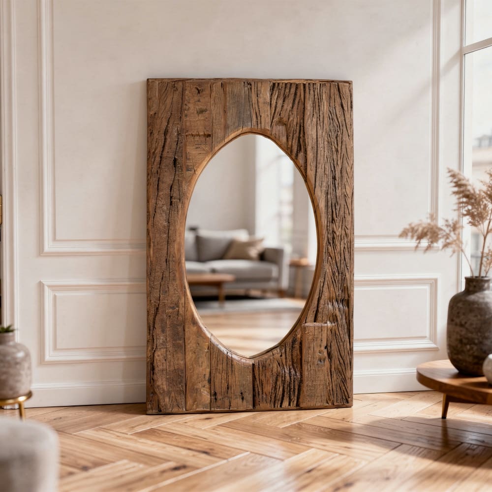 Miroir ovale avec cadre en bois recyclé