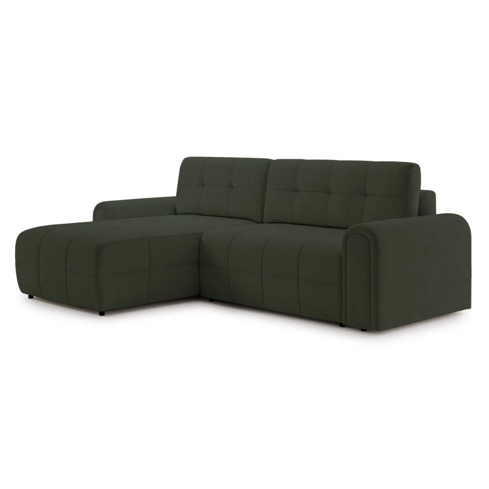 Canapé d’angle convertible avec coffre, en chenille vert olive, gauche