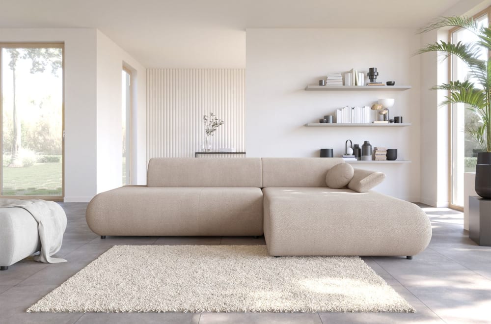 Canapé d'angle convertible, Chenille, angle à droite, Beige clair