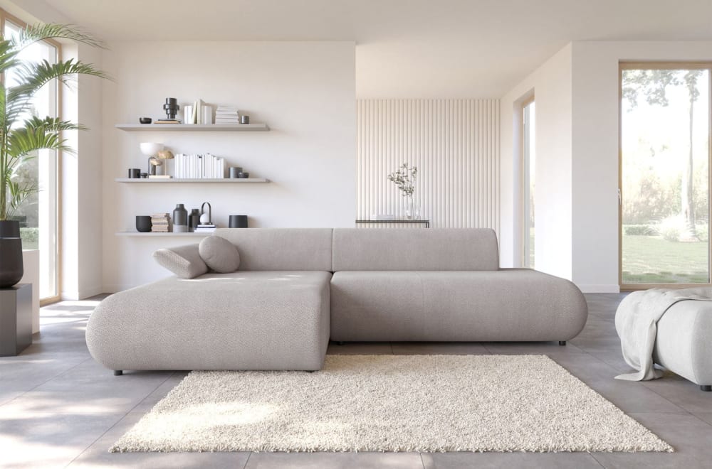 Ecksofa mit Schlaffunktion, Chenille, Ottomane links, Hellgrau -