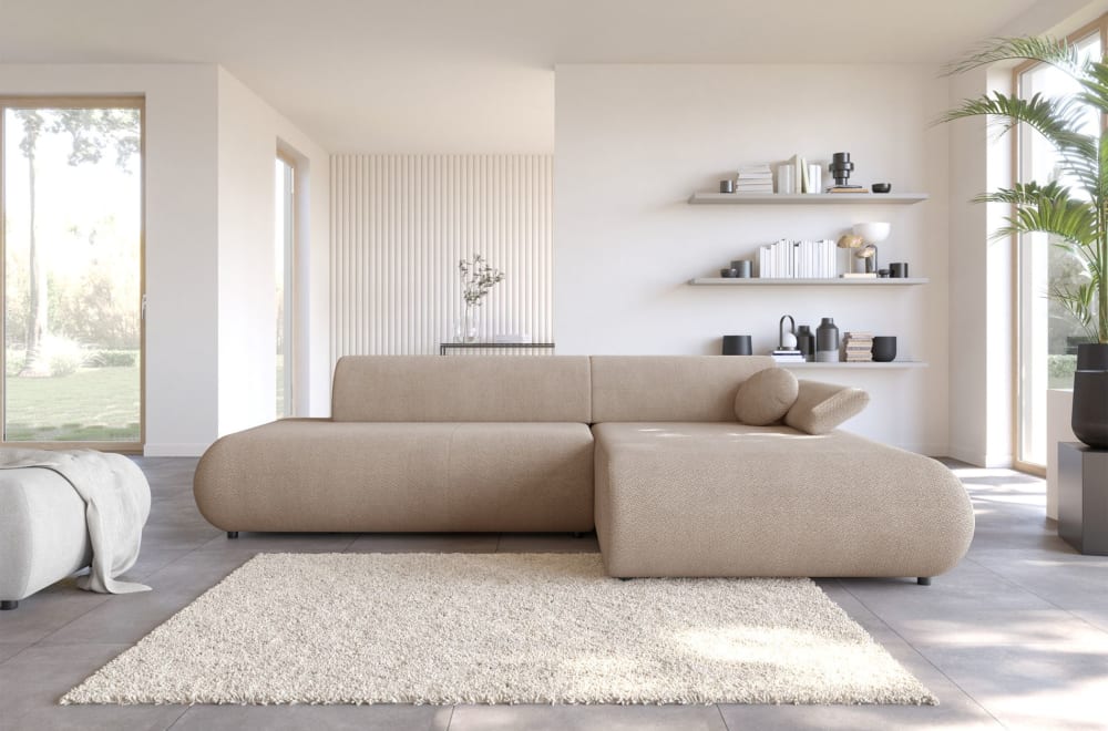 Canapé d'angle convertible, Chenille, angle à droite, Beige