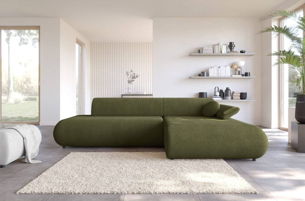 Canapé d'angle convertible, Chenille, angle à droite, Vert olive