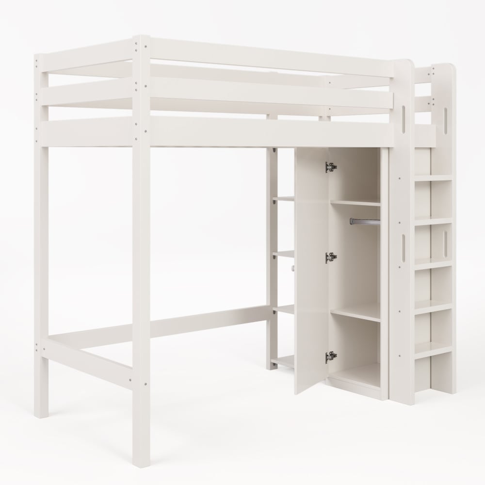 Lit mezzanine 90x200 cm en bois blanc avec armoire et étagères Lit mezzanine 90x200 cm en bois blanc avec armoire et étagères