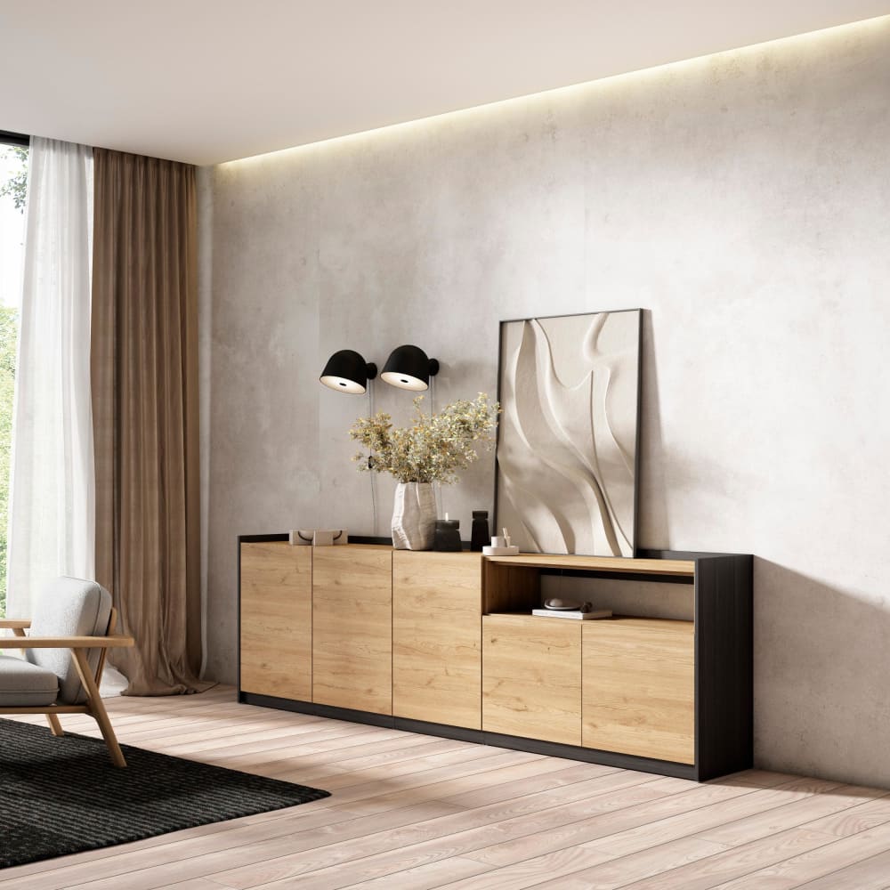 Skraut home Sideboard Holzeffekt eiche und schwarz 263x37x80cm style modern Beige Spanplatte