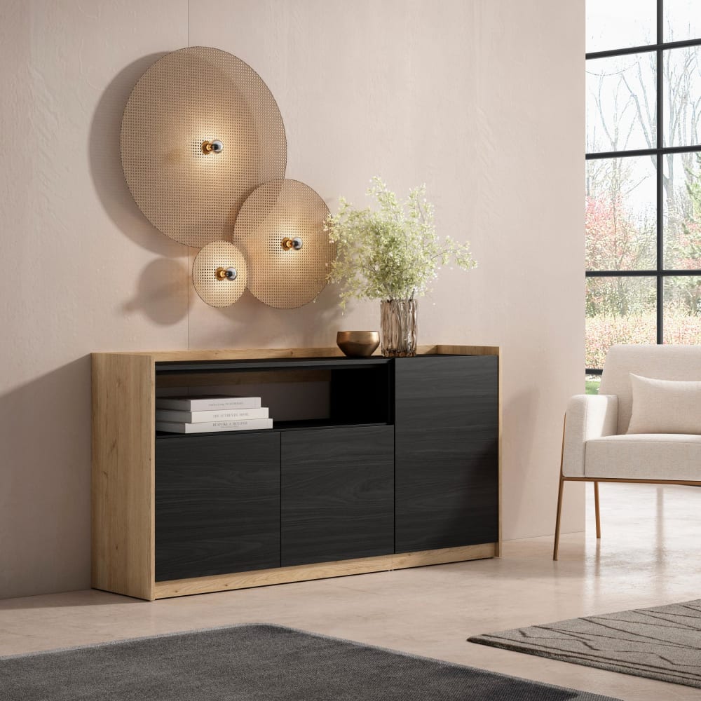 Skraut home Sideboard Holzeffekt schwarz und eiche 157x37x80cm style modern - Spanplatte