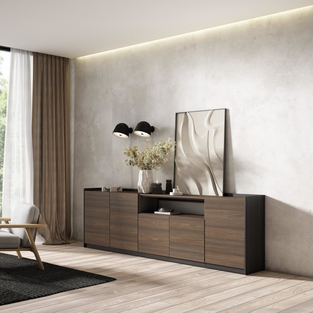 Skraut home Sideboard Holzeffekt dunkle Eiche und schwarz 263x37x80cm style modern Braun Spanplatte