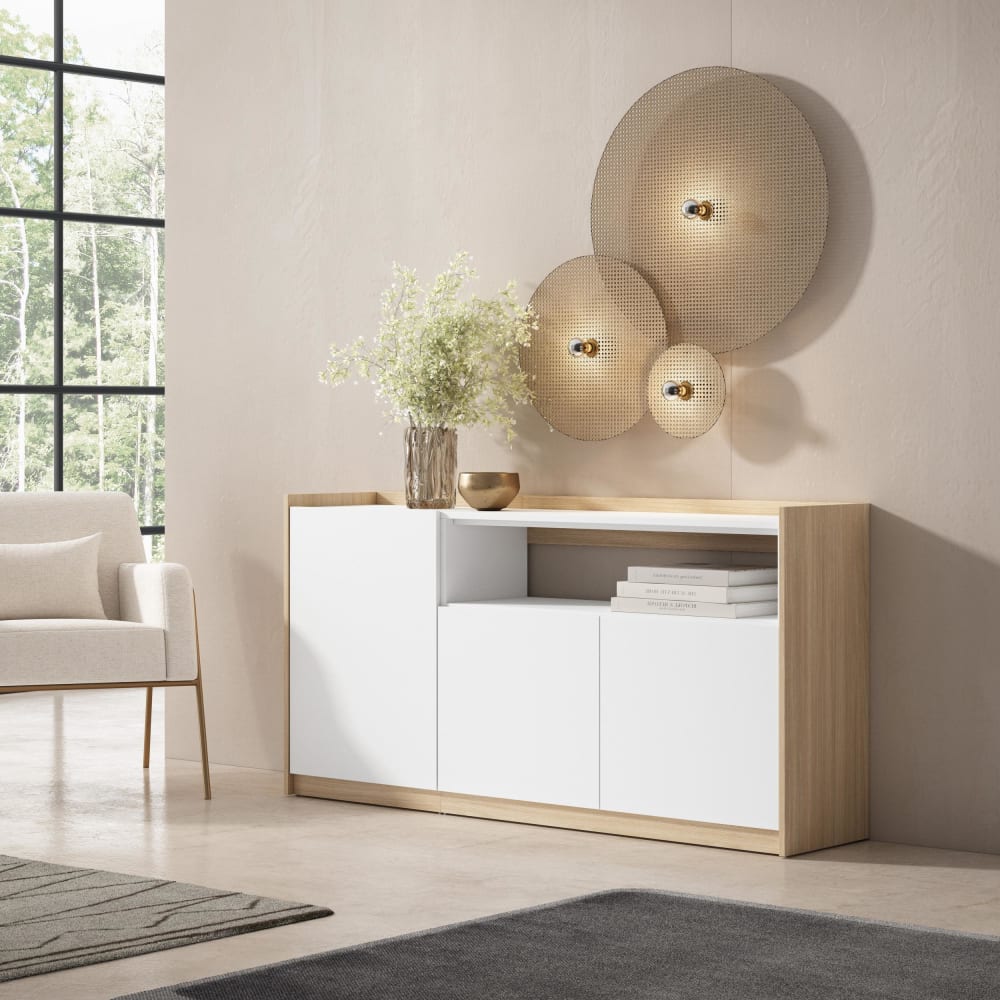 Skraut home Sideboard Holzeffekt weiß und soft eiche 157x37x80cm style modern - Spanplatte